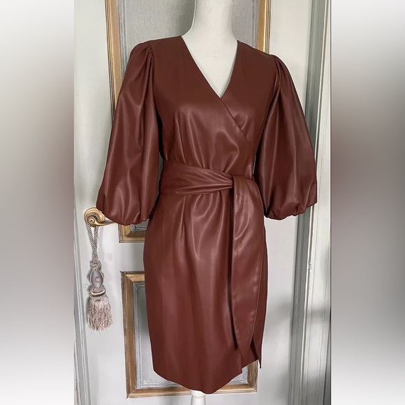 INC International Concepts Dresses & Skirts - INC brown cognac faux leather wrap dress with belt size 4